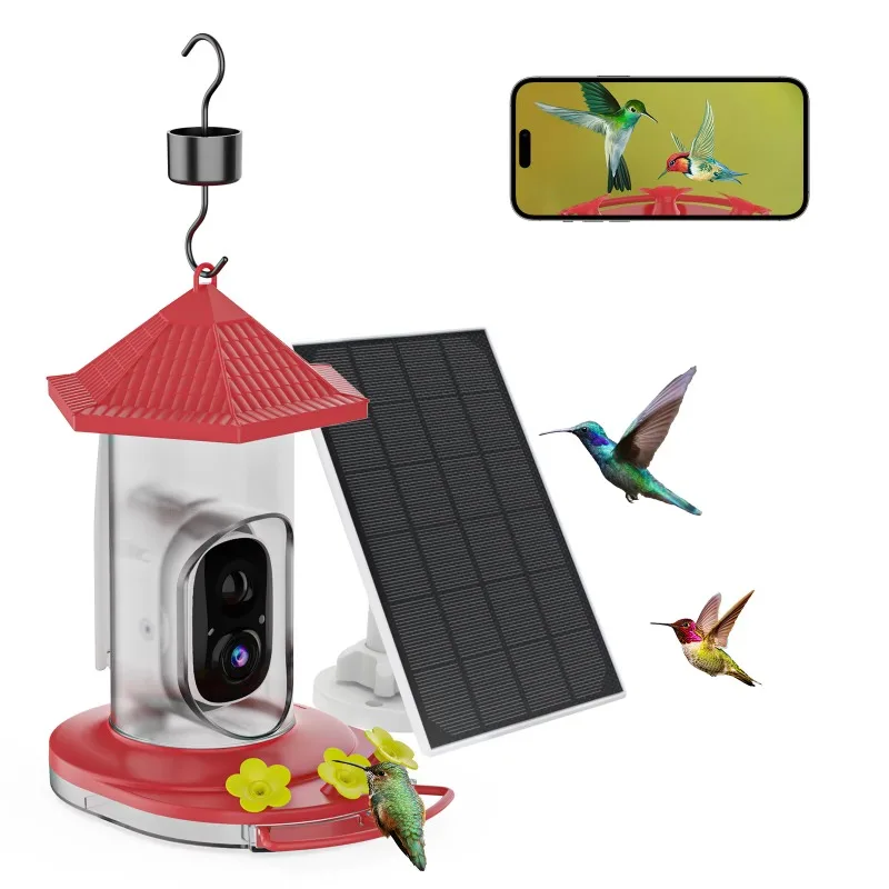 Solar Powered Eco-Friendly Stylish Outdoor Hanging Waterproof Hummingbird Feeder Flower-Shaped Water Dispenser Smart Bird Feeder