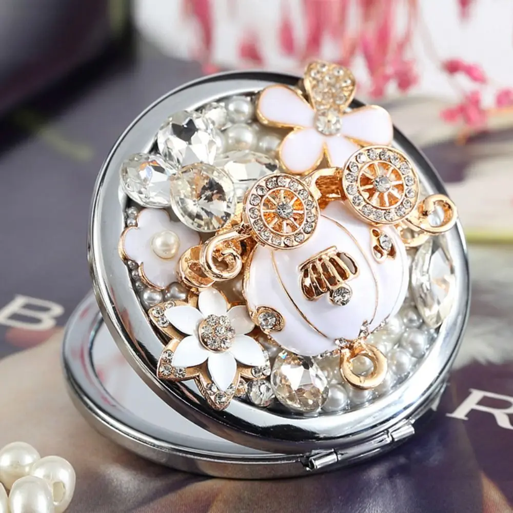 Beauty Mirror Metal Exquisite Mirror Pumpkin Wagon Gliter Portable Mirror Travel Size Crystal Pocket Mirror Women