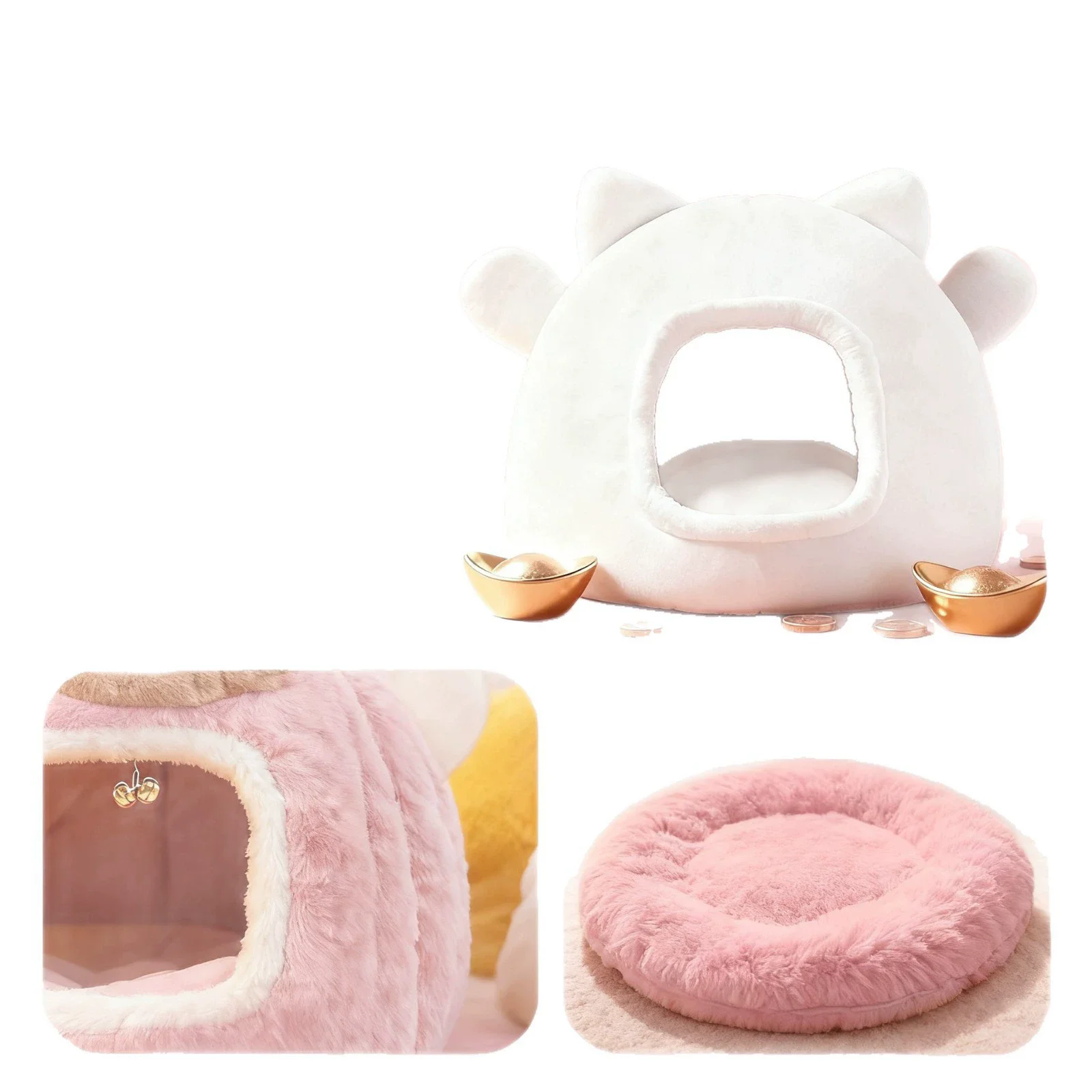 Winter Insulated Enclosed Flocked Round Pet Bed for Cats and Dogs Fashion Cat Nest Wholesale Cartoon Cat Bed - view 4
