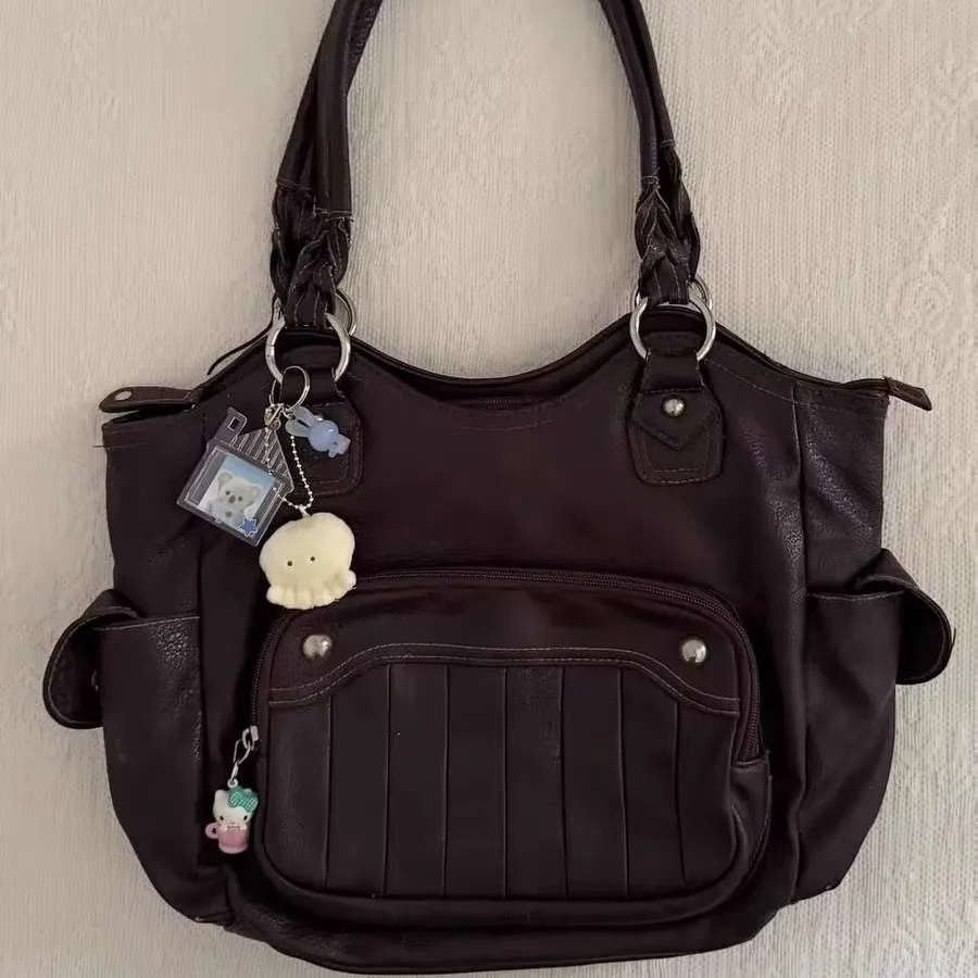 

HAEX Moto Style Women Tote Bags 2025 Vintage Maillard PU Punk Crossbody Shoulder Bag Large Capacity Ladies Commute Bolso Mujer