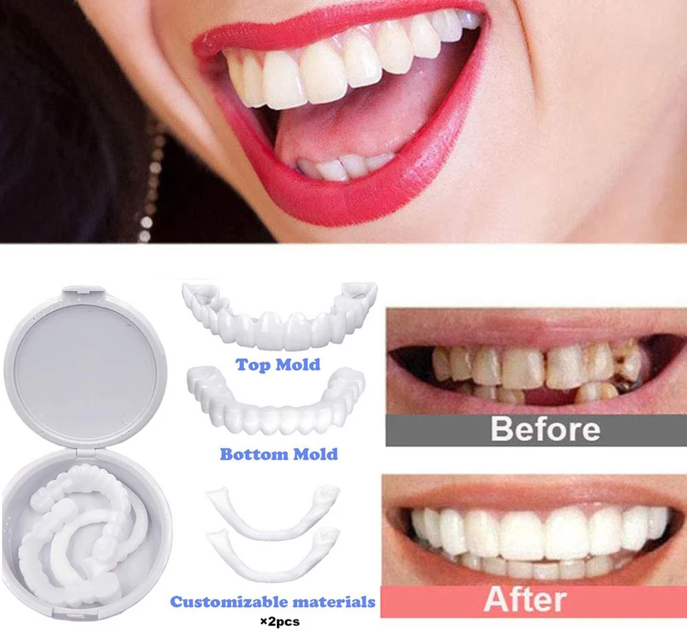 2Pcs Perfect Fit Teeth Whitening Fake Tooth Cover Snap On Silicone Smile Veneers Teeth Upper Beauty Tool Cosmetic Teeth