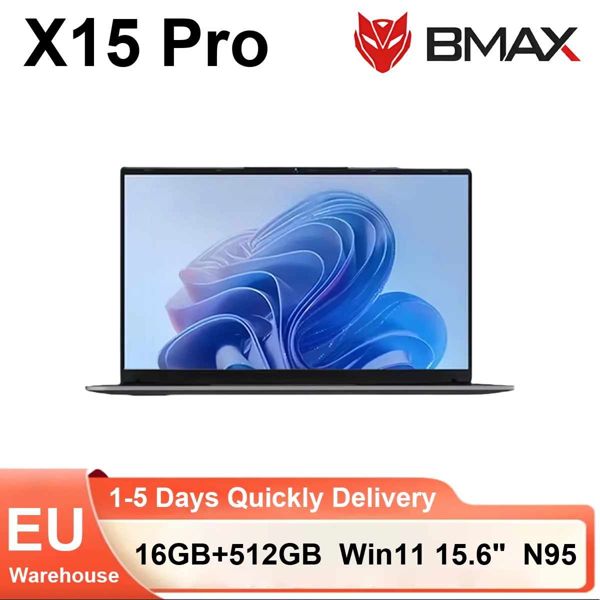 BMAX X15 Pro 15,6-Zoll-Laptop 16 GB RAM 512 GB SSD Intel N95 CPU Windows 11 1080p Display Dualband-WLAN-Notebook