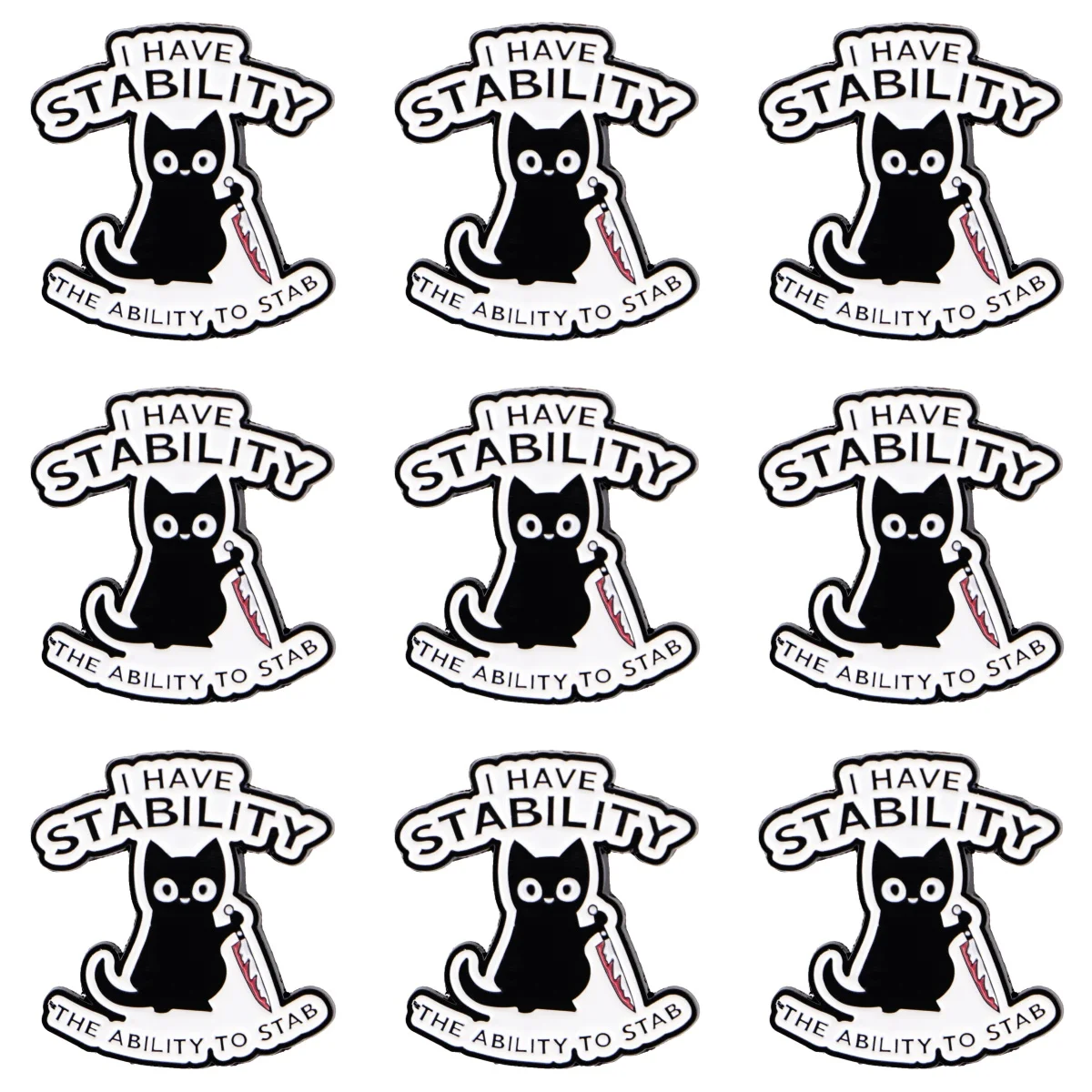 9 Stück Lustige Schwarze Katze Emaille-Pin „Ich habe Stabilität“ Metall-Reversnadel für Rucksack, Jeansjacke, Kleidung, Dekoration, Geschenk