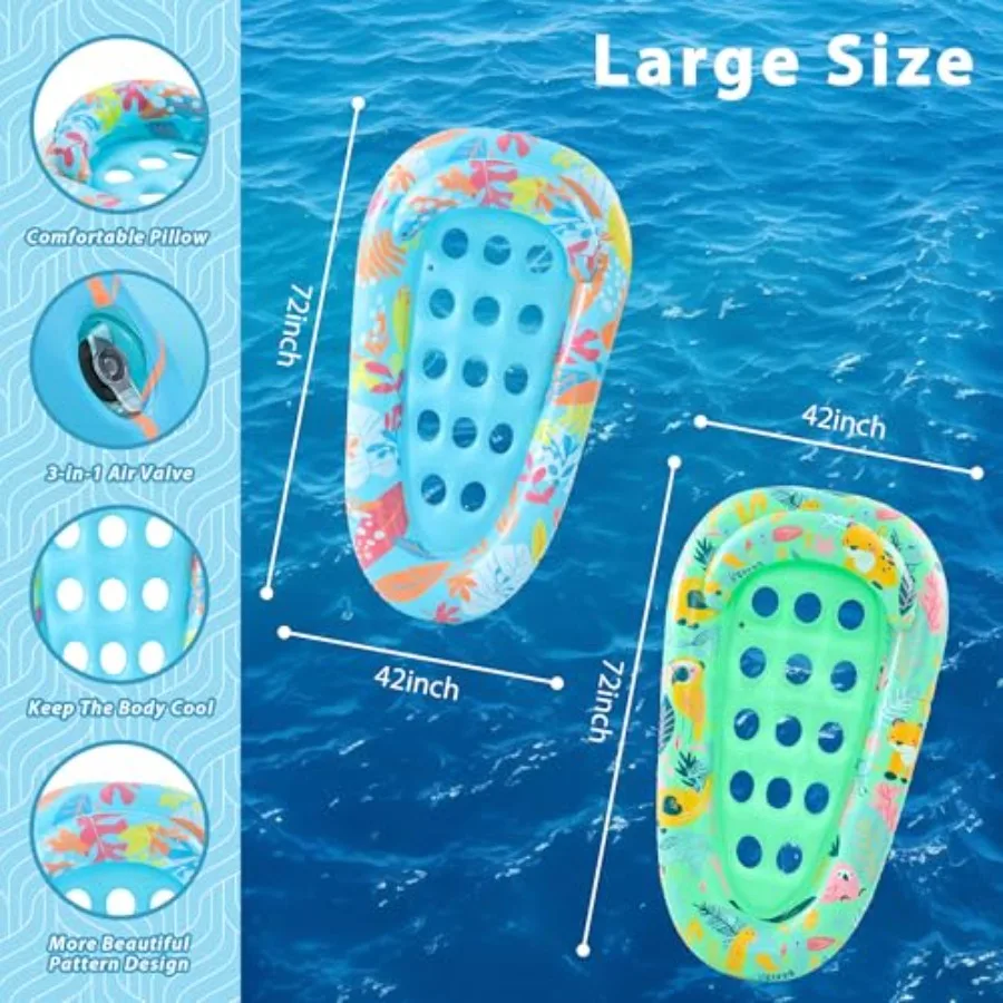4 Pack Adult Pool Floats PVC Material Blue/Gray Ultra Size 72X42 with Headrest Cooling Holes for Pool Beach Lake River Sea
