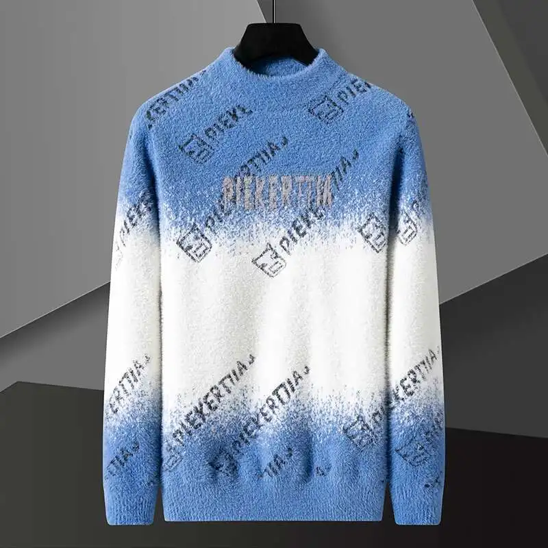 الرجال محبوك نصف الياقة المدورة سترة ، الأبجدية التدرج البلوز ، سليم صالح القمم ، سترة دافئة