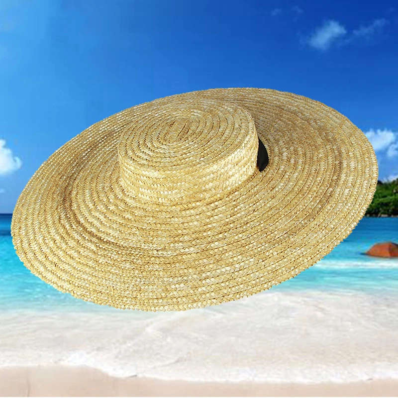 Women Wide Brim Boater Hat 12cm 15cm 18cm Brim Straw Hat Flat Women Summer With White Black Ribbon Tie Sun Hat Beach Cap