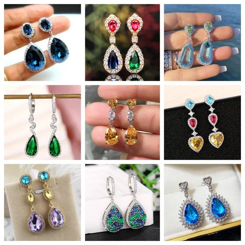 

2026 New Colorful Luxury Water Drop Shining Cubic Zirconia Crystal Earrings, High End Fashion Silver Women's Wedding Pendant