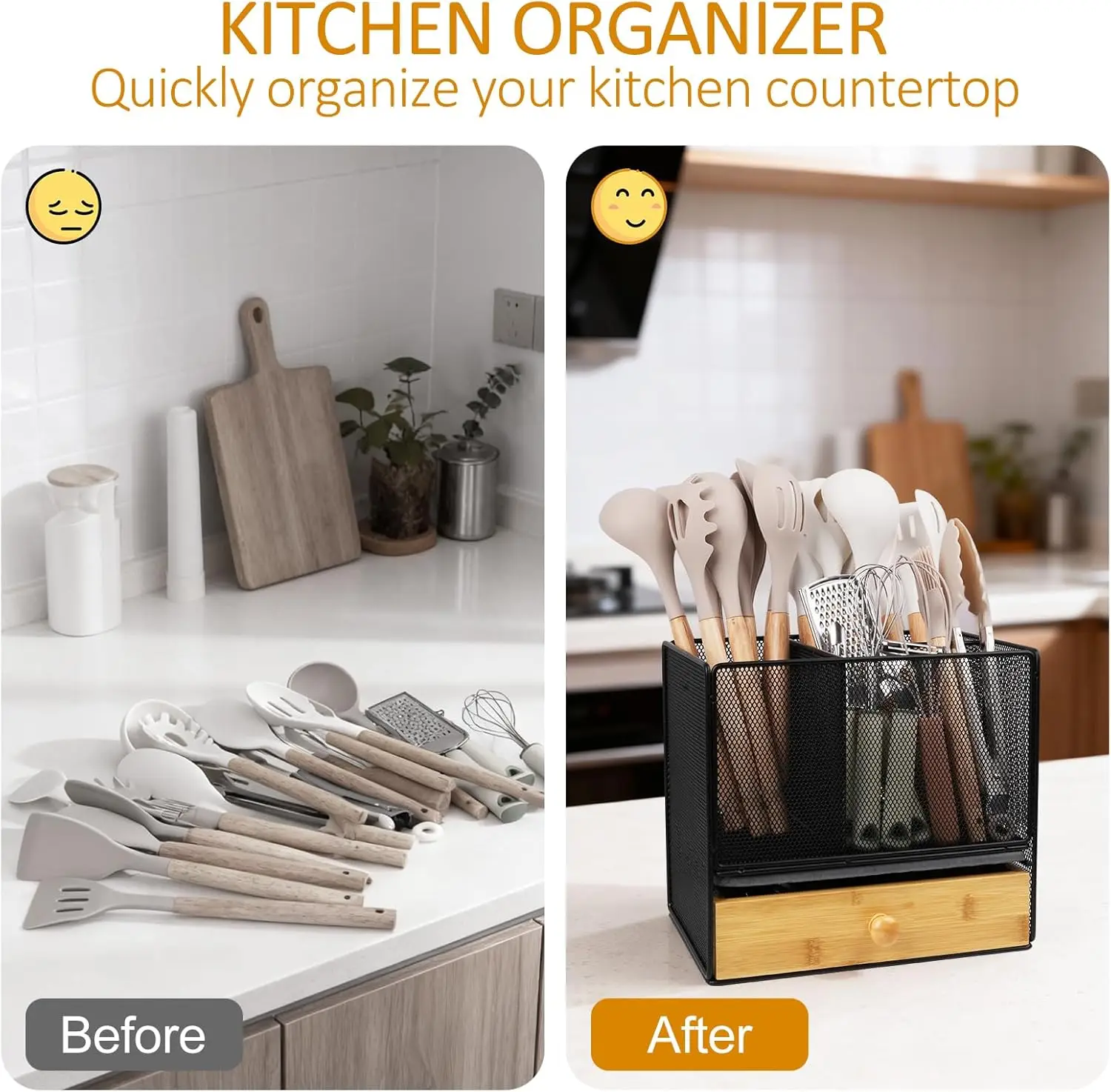 2-in-1 Kitchen Utensil Holder with Drawer & Quick-Dry Diatomite Pad