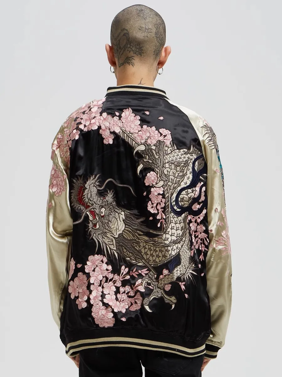 No Logo Reversible Double-sided Sukajan Souvenir Jacket Coats High Street Streetwear Yokosuka Sakura Dragon Embroidery