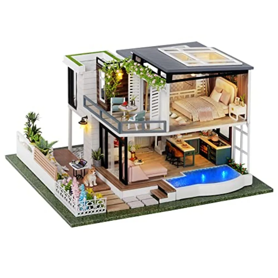 

DIY Miniature Dollhouse Kit for home decoration, wooden material, natural wood color, dust-proof and music movement functionali