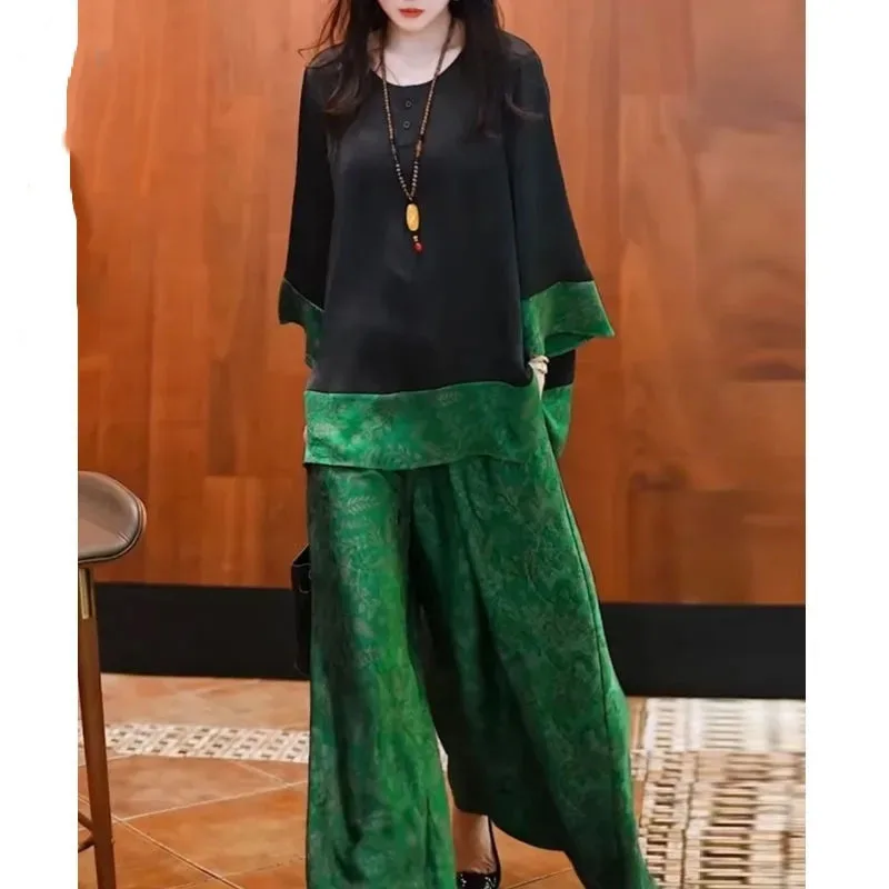 Summer Women Loose Satin Outfit Korean Ladies Leisure Seven Divide Sleeve Pants Two-piece Suit 2025 Female Large Size 4XL 2PCS