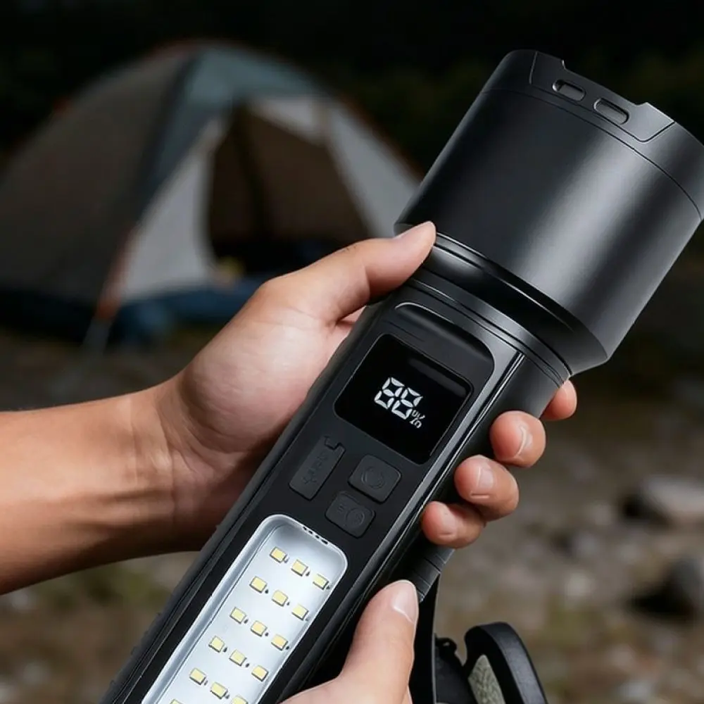 Tactical Led Flashlight Rechargeable Torch Zoomable Beam Solar Powered Emergency Light Digital Screen Warning Safety Tool