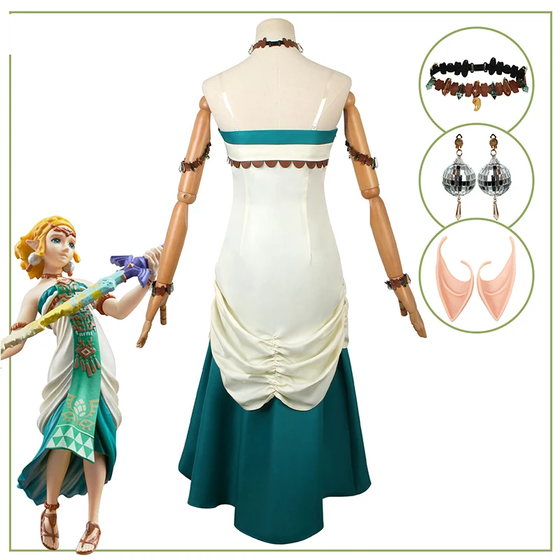 أزياء الأميرة زيلدا التأثيرية فستان أخضر شعر مستعار مجموعة كاملة من أزياء الهالوين النسائية