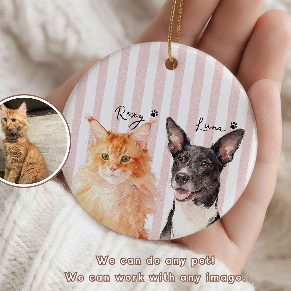 Personalized Pet Memorial Watercolor Ornament Photo and Name Striped Dog&cat Ornaments Personalized Remembrance Gift Lovers Loss