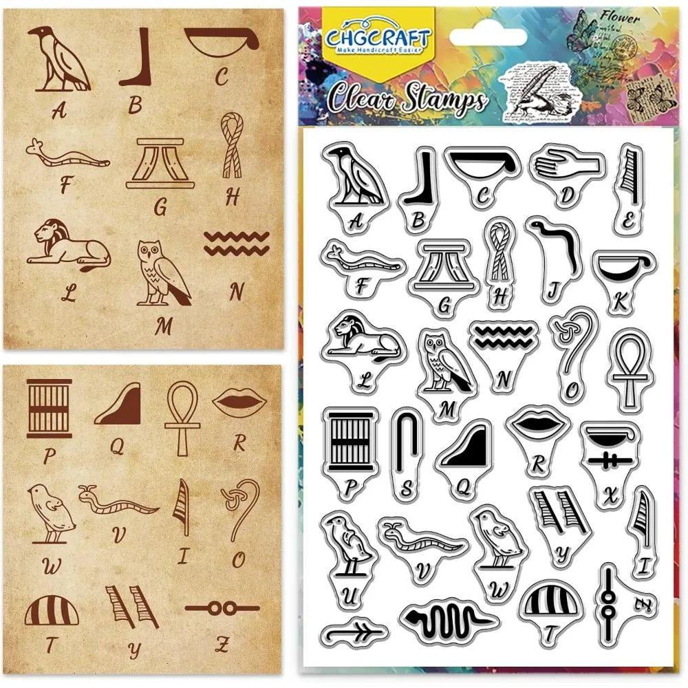 Egyptian Alphabet Symbols Stamps 26 Letter Transparent Seals for Carding Making DIY Scrapbooking Album Decoration 4.3x6.3 inch