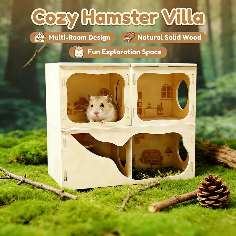 

Double Decker Wooden Hamster Villa Tunnel Toy Hideout Cage Decor Landscape Peek Play Accessories for Gerbil Dwarf Syrian Hamster