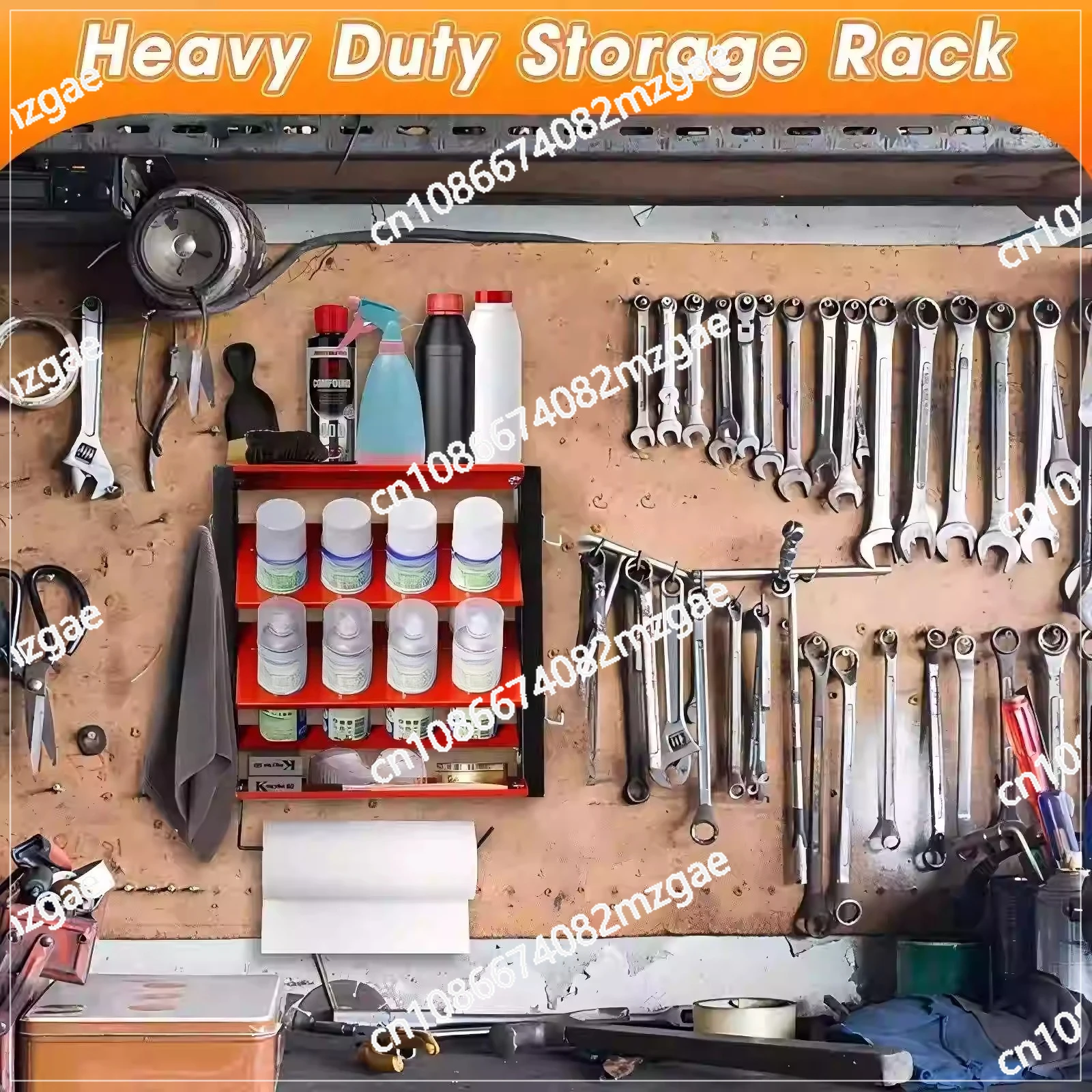 Utility storage rack with tissue holder for garage studios, steel wall-mounted spray bottle holder,