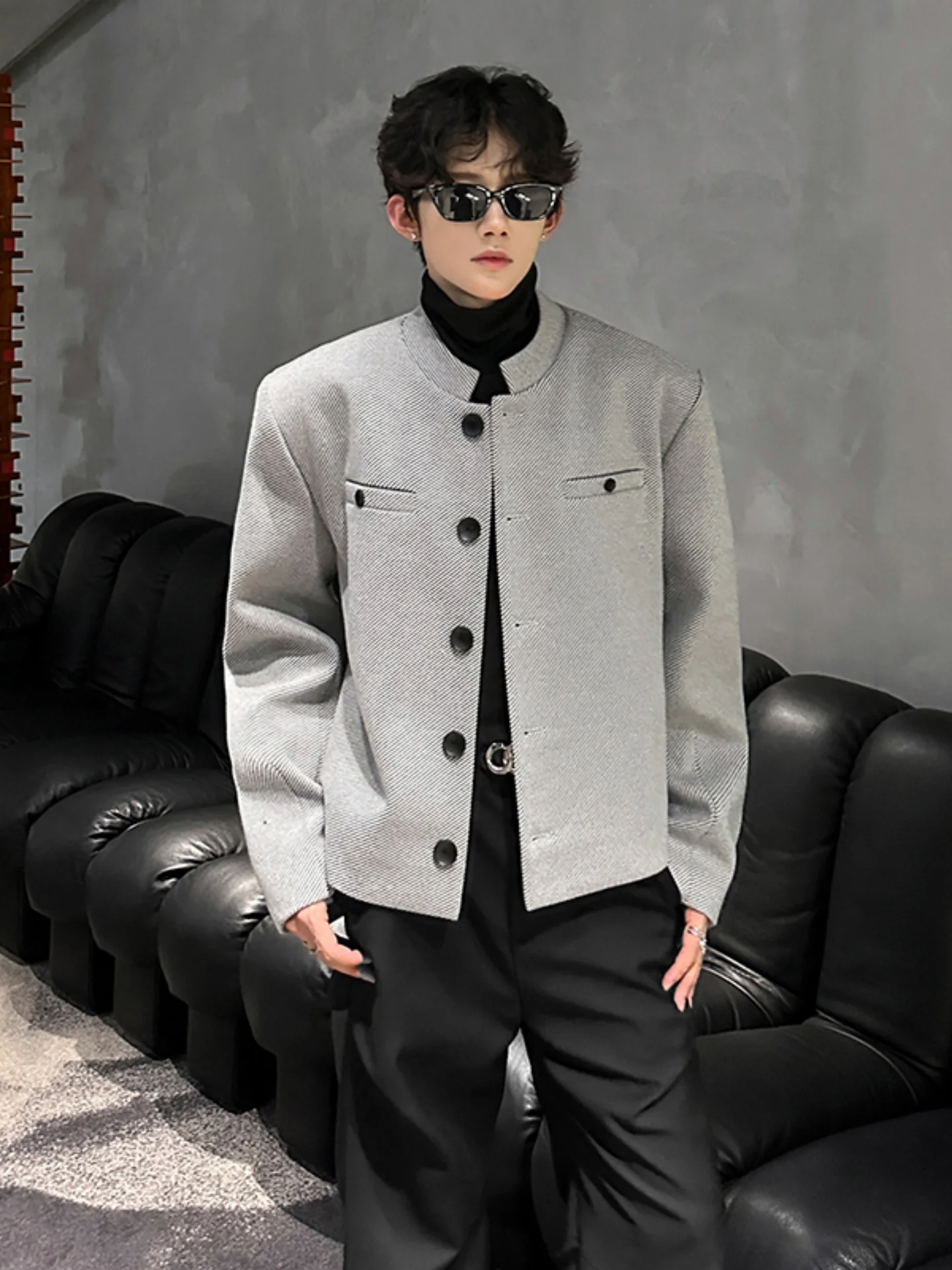 

Мужской шерстяной пиджак без воротника Ele: модный, повседневный, осенне-зимний, из полиэстера, с декоративными пуговицами