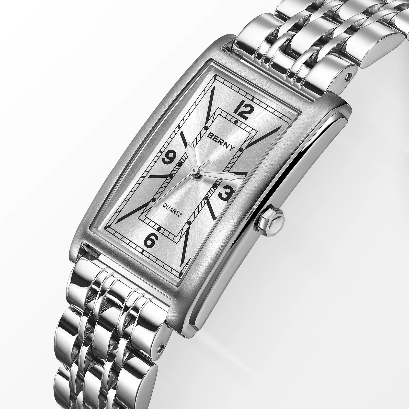 BERNY Square Men Wristwatch Luminous Quartz Stainless Steel Rectangular Luxury Watch for Men Casual Fashion New Wristwatches
