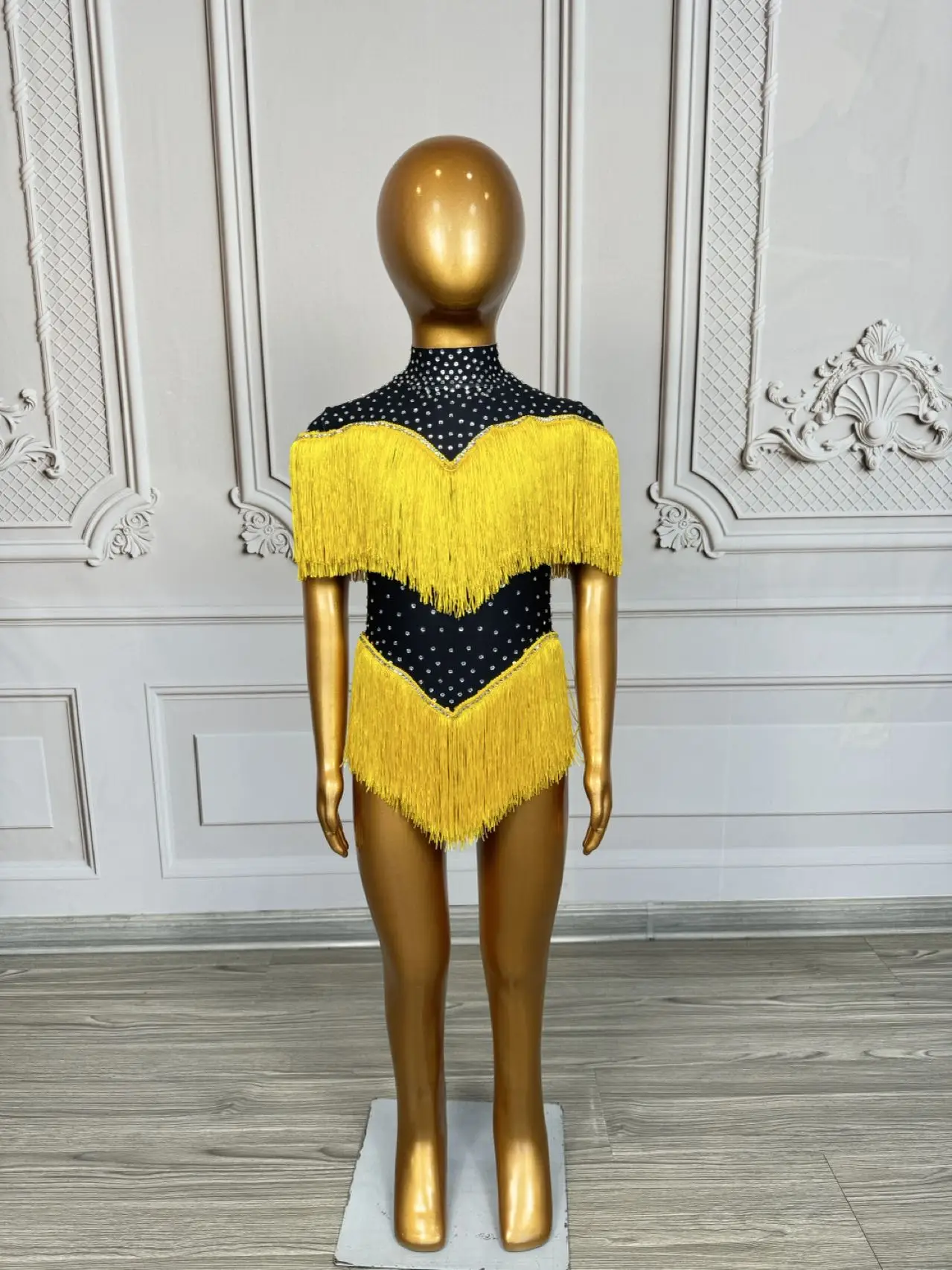 Children's Dance Party Performance Costumes Sparkly Rhinestone Tassel Tight Fitting Bodysuit Spandex  Elastic Leotard Danhuang