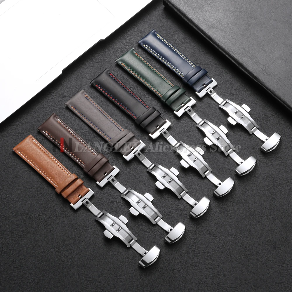 Calfskin Genuine Leather Watchband for Omega Business Watch Band for Seiko 20mm 22mm 24mm Butterfly Buckle Stitching Sport Strap view 6