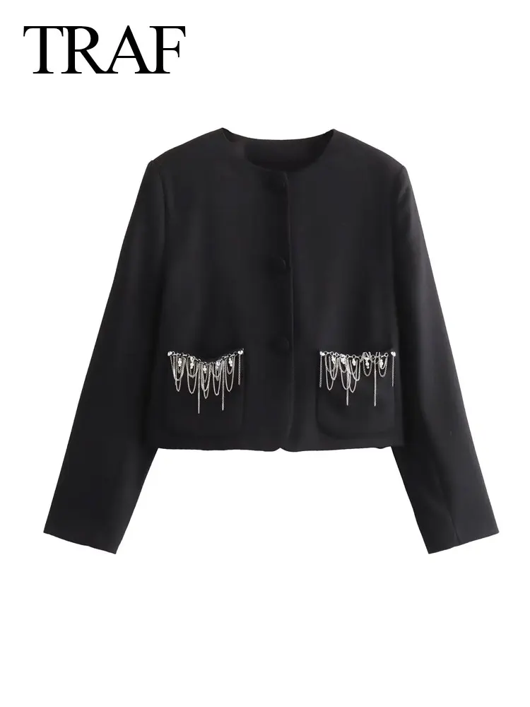 TRAF 2024 Women Vintage Blazer Pocket Tassel Single-breasted Long Sleeves Overcoat Elegant Tassel Female Fashion Chic Causal Top