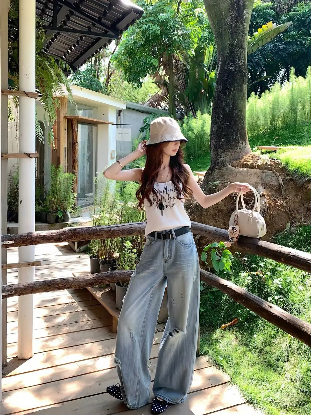 Blue Distressed High Waist Straight Wide Leg Jeans Women Summer Retro Loose Casual Streetwear Pants