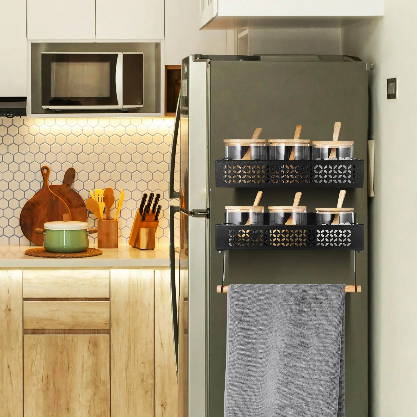 

2 pcs Magnetic Spice Rack For Refrigerator Metal Magnetic Fridge Organizer Hollow Design Space Saving Kitchen Storage Shelf