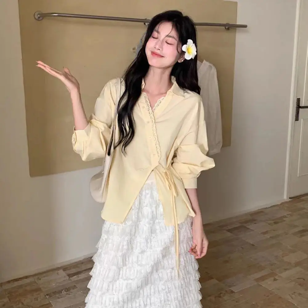 

V-neck Irregular Diagonal Tie T-shirt Patchwork Crop Top Long Sleeve Blouse Chic Retro Lace Basic Tees Shirts Women Holiday