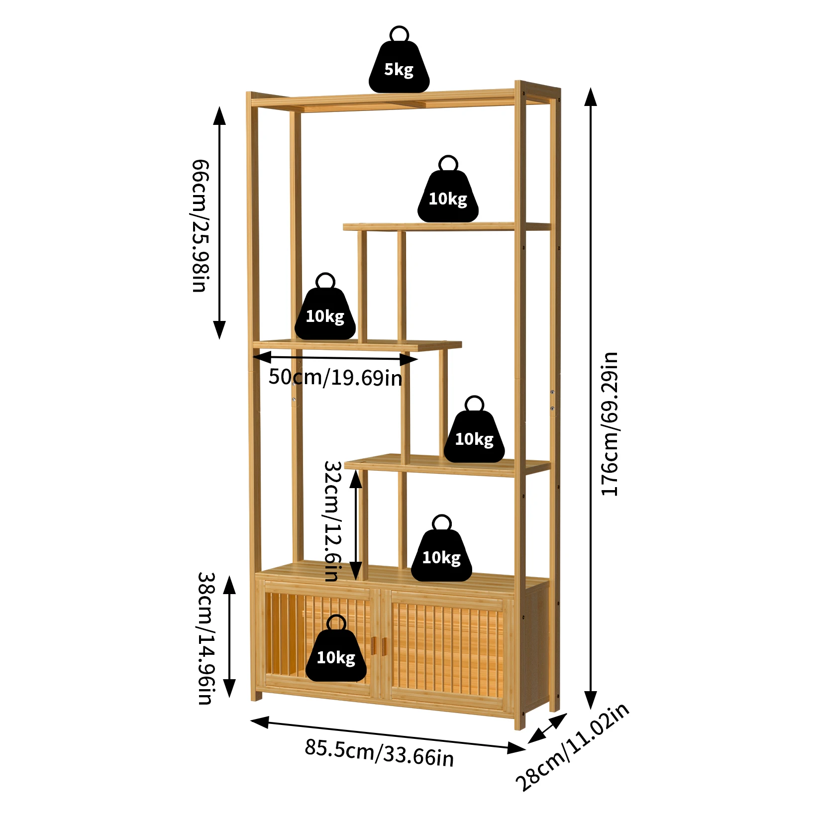 6 Tier Bamboo Bookshelf Bamboo Storage Rack with Cabinet Display Rack Storage Organizer for Living