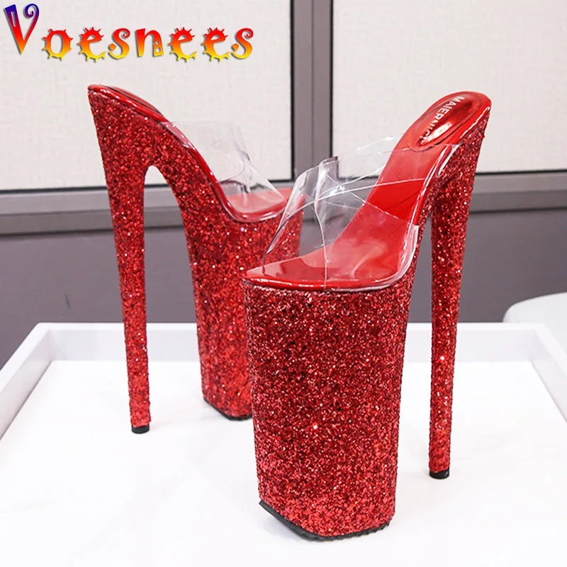 Women Summer Stiletto Sandals 2022 Newest Sequined Heels Pumps 26CM Party Ladies Slippers Transparent PVC Round Toe Model Shoes