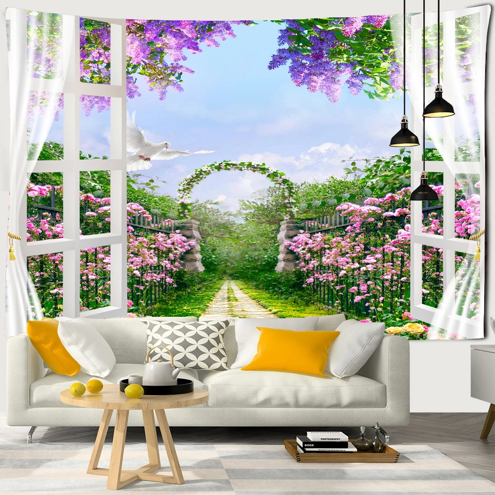 

Window Landscape Tapestry For Decoration 3D Romantic Flowers Tapestry Home Painting Psychedelic Forest Tapestries Wall Hanging