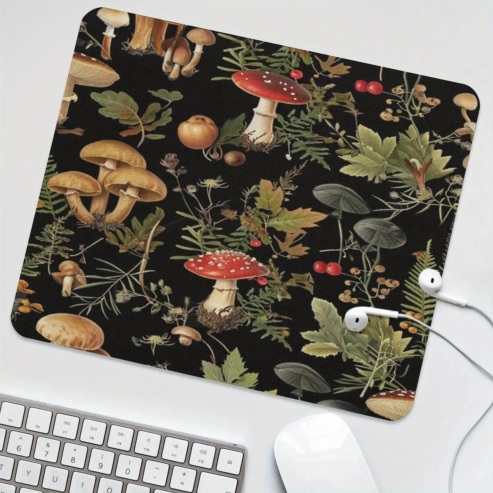 

The mushroom forest pattern-themed mouse pad with an anti-slip rubber base is small and suitable for offices and gamers