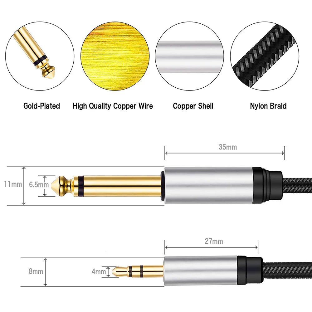 Gold-Pated 3.5mm To 6.5mm Large Three-Pole Stereo Audio Cable Male To Male Mixer Guitar Audio Cable