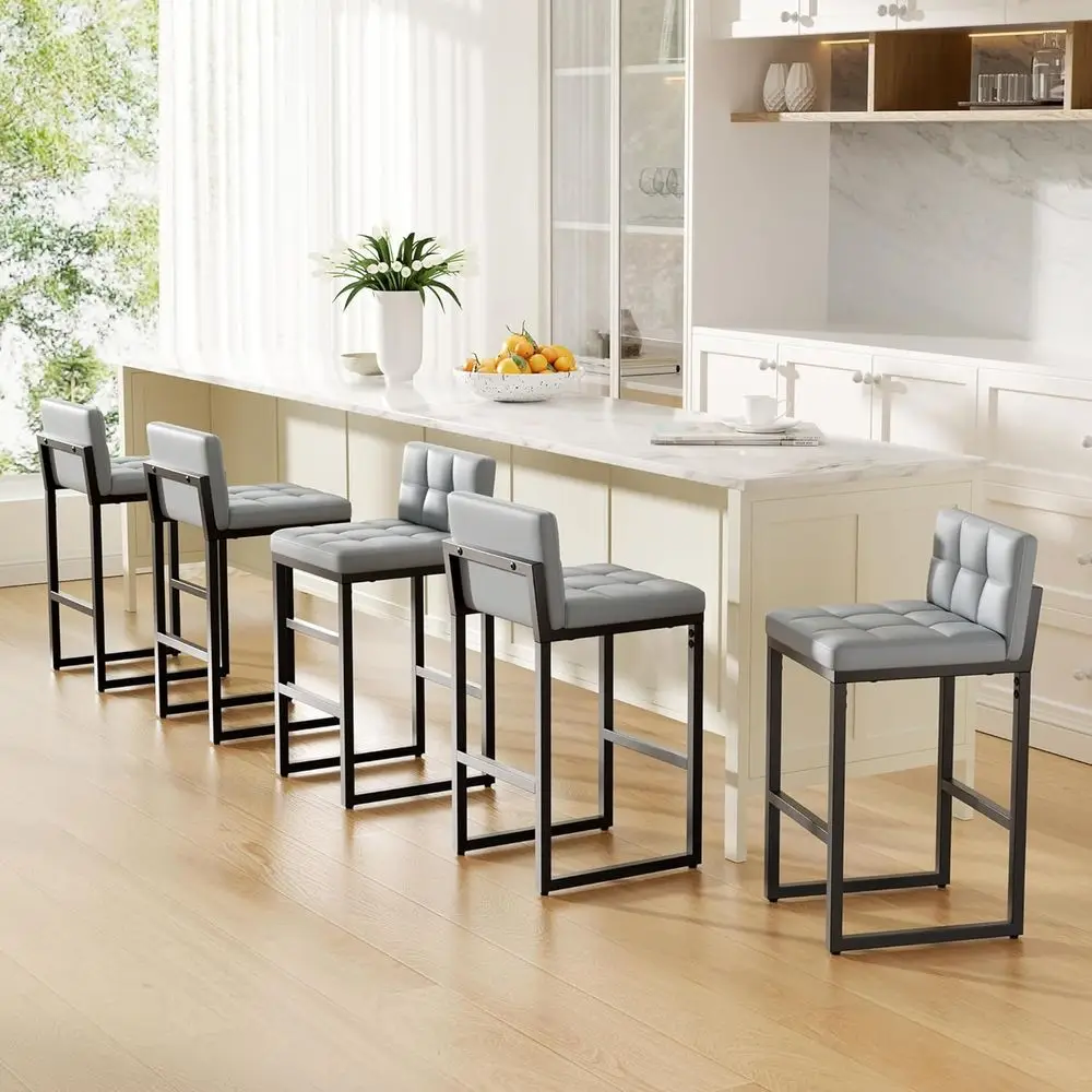 

Set of 5 Counter Height Bar Stools with Low Back and Footrest, Leather Upholstery, Sturdy Metal Legs, Light Grey