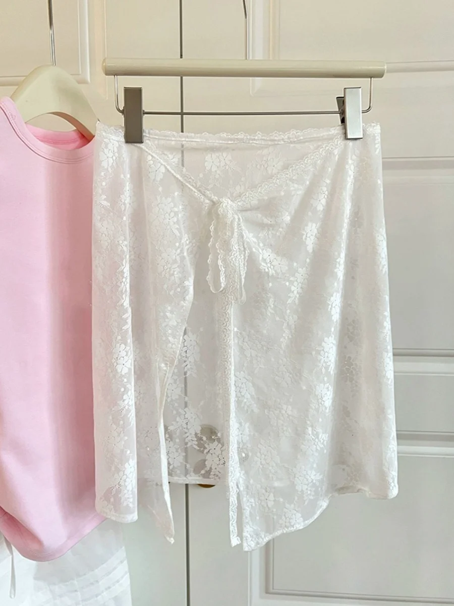 

Модные кружевные юбки-миди в корейском стиле с завышенной талией, А-силуэт, из полиэстера, коллекция Весна-Лето