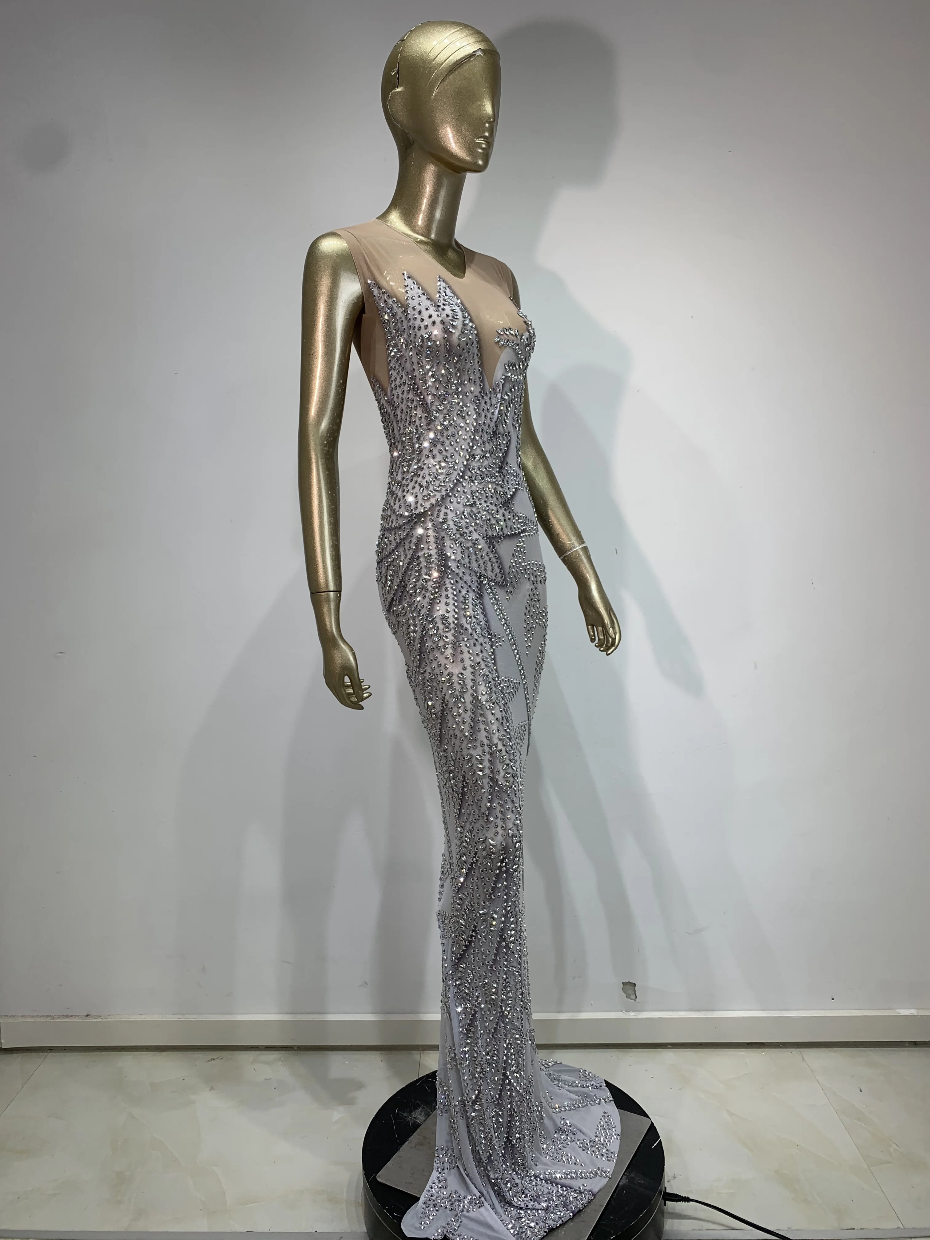 Luxus Strass Geburtstag Bodycon Kleid Frauen Sexy Durchsichtig Stretch Abend Prom Kostüm Sänger Leistung Bühne Outfit ﻿