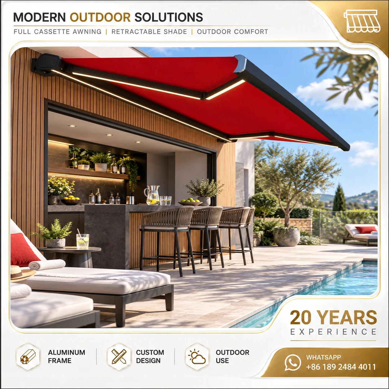 Electric Full Cassette Awning Retractable Aluminum Frame Waterproof PVC Fabric Canopy Sunshade for Patio Terrace