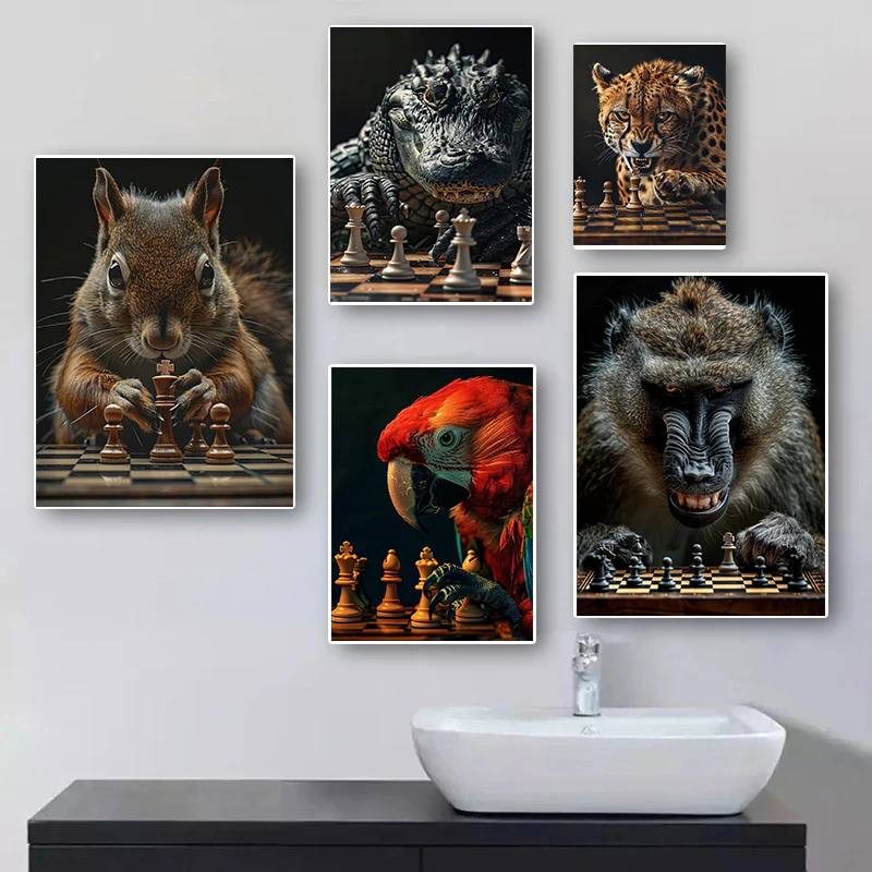 Focus On Ferocious Animals Playing Chess Posters Tabby Cat Falcon Cheetah Modern Prints Canvas Wall Art Pictures Home Room Decor