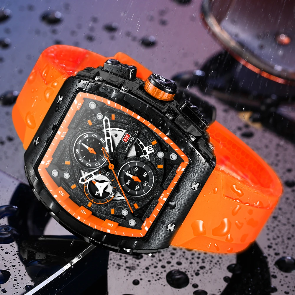 MINI FOCUS Sports Mens Watches Top Brand Luxury Chronograph Waterproof Quartz Watch Orange Silicone Strap Luminous Hands 0399G