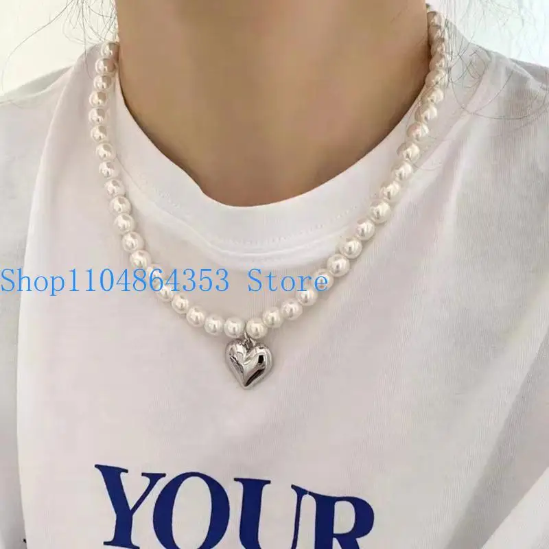 652F Elegant Pearls Necklace Heart Pendant Necklace Fashion Neck Jewelry CCB Material Beads Choker Great Gift for Women Girls