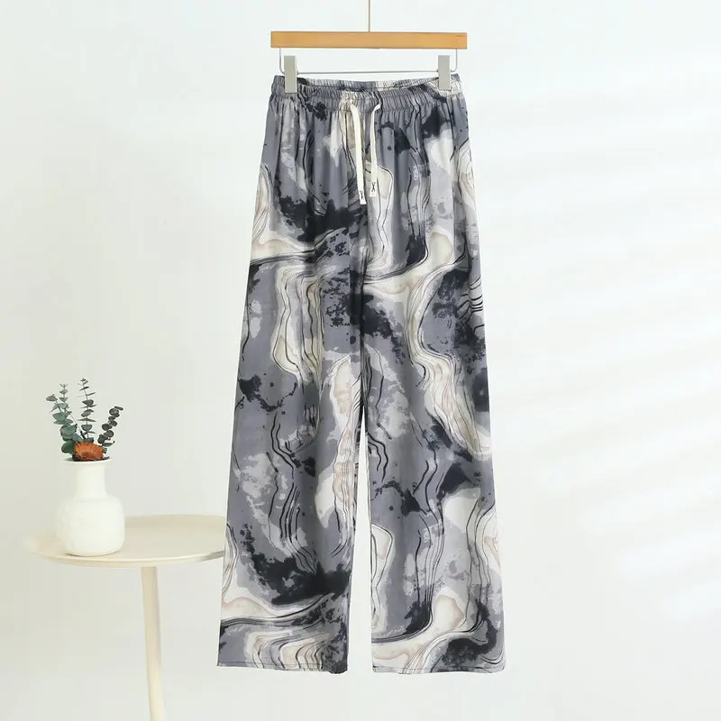 

Хлопковые пижамные штаны из искусственного шелка с принтом для женщин, свободная удобная одежда для сна, домашние штаны, весенне-осенняя ночная рубашка, домашняя одежда, брюки