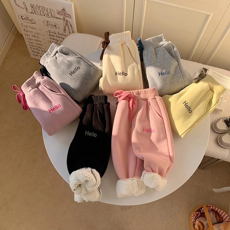 

Lamb Wool Children's Warm Girls' Baby Korean Version Letter Children's Pants Boys' Sweatpants Girls' Autumn Pants