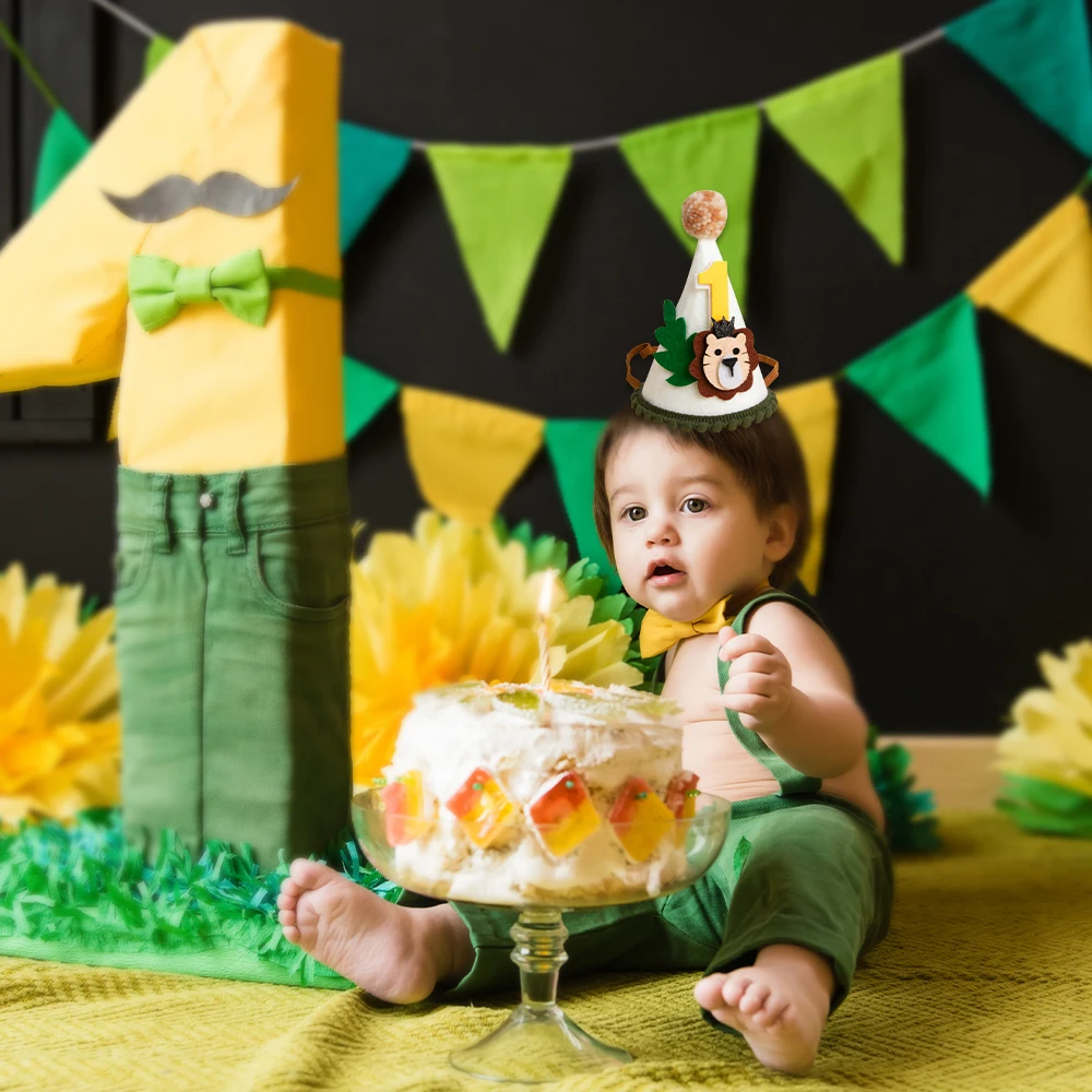 Safari 1st Birthday Hat Jungle Theme One Year Birthday Party Felt Lion Crown for Boy First Birthday Party Decoration Baby Shower