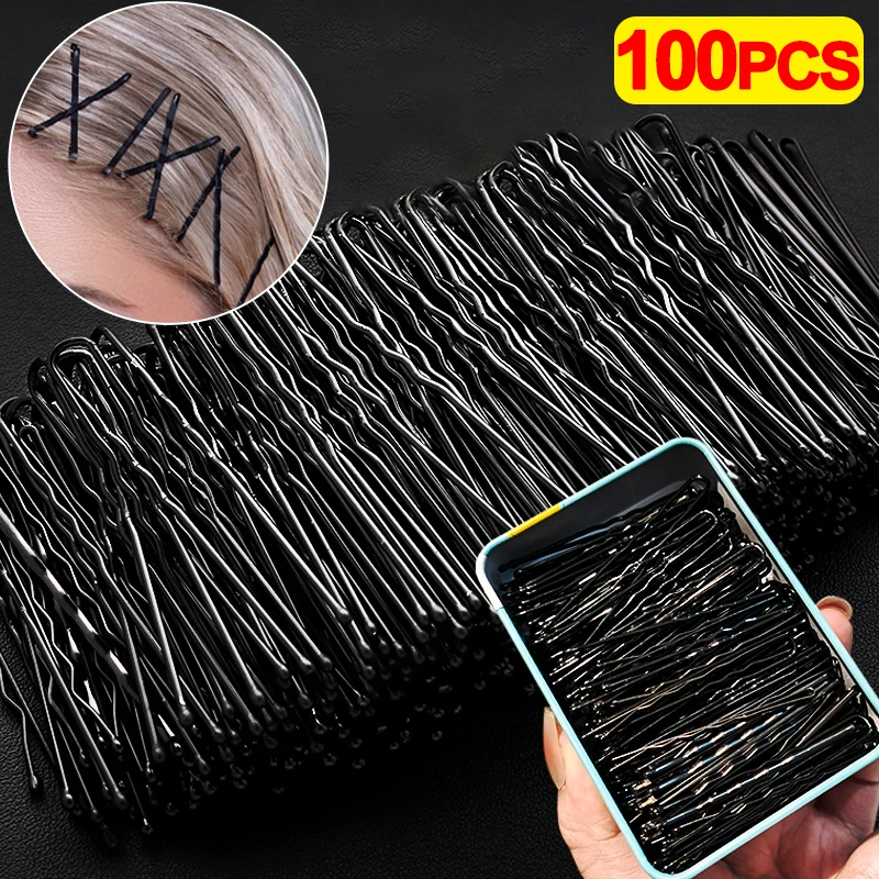 100/50pcs Black Straight Line Hair Clip U-shaped Needle Lady Hairpins Curly Wavy Grips Women Bobby Pins Styling Hair Accessories