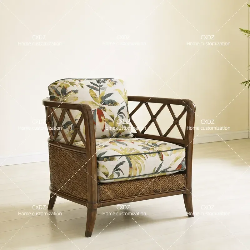 Solid Wood Rattan Chair Casual Single Sofa Retro Fabric Armchair for Balcony Bedroom Leisure Seating Vintage Style Furniture