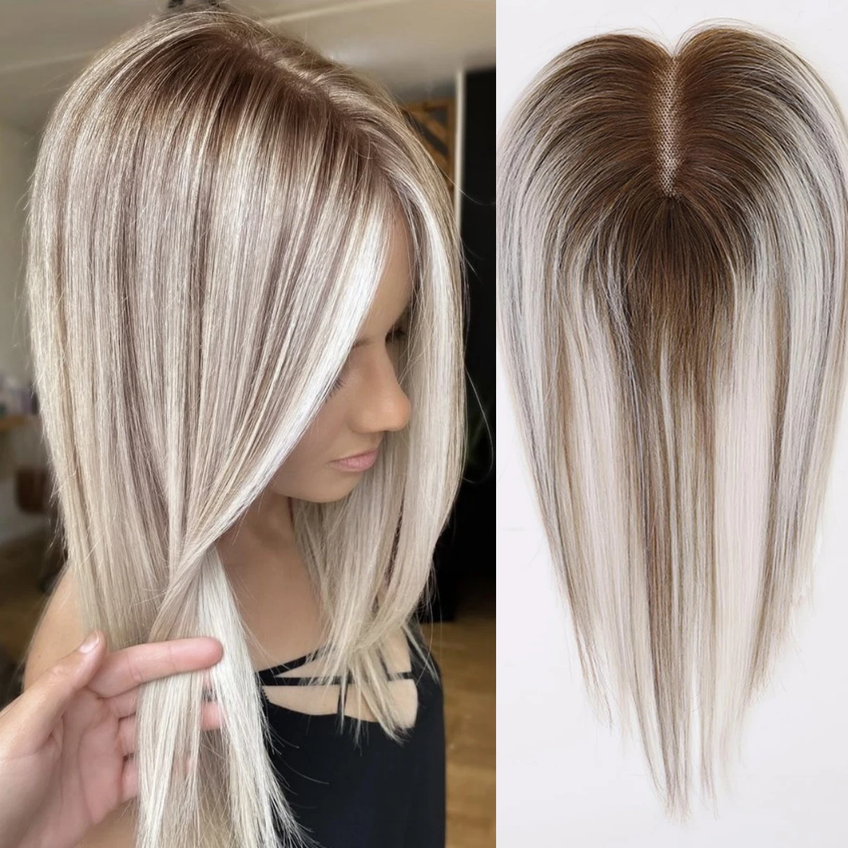 Brown Platinum Highlights 12 Inch Straight Center Part Lace Base Human Hair Topper 100% Remy Hairpieces for Women Easy to Wear