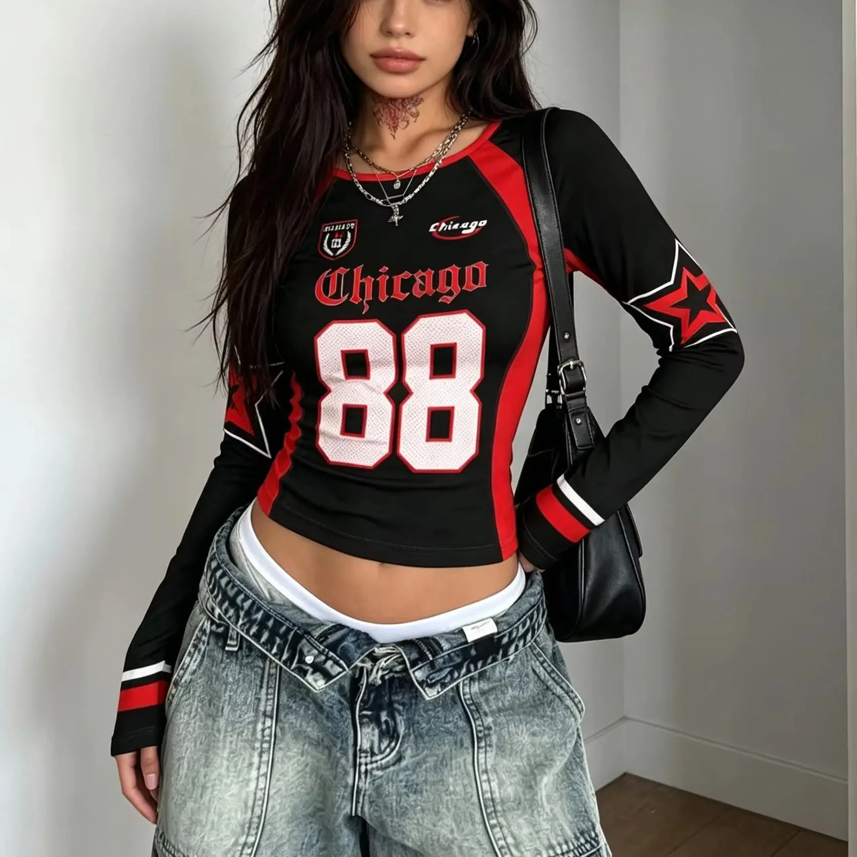 Women's Streetwear Fashion Casual Back To School Casual Color-Blocked Black Round Neck Long Sleeve Tees Black Comfortable Tops