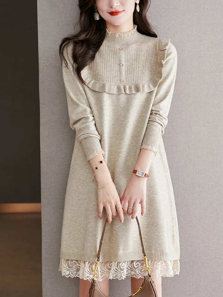 

2023 Autumn New 0 Neck Women'sSweater Dress Lace Spliced Pullover Long Dress Korean Fashion Long Sleeve Knitted Elegant Dress