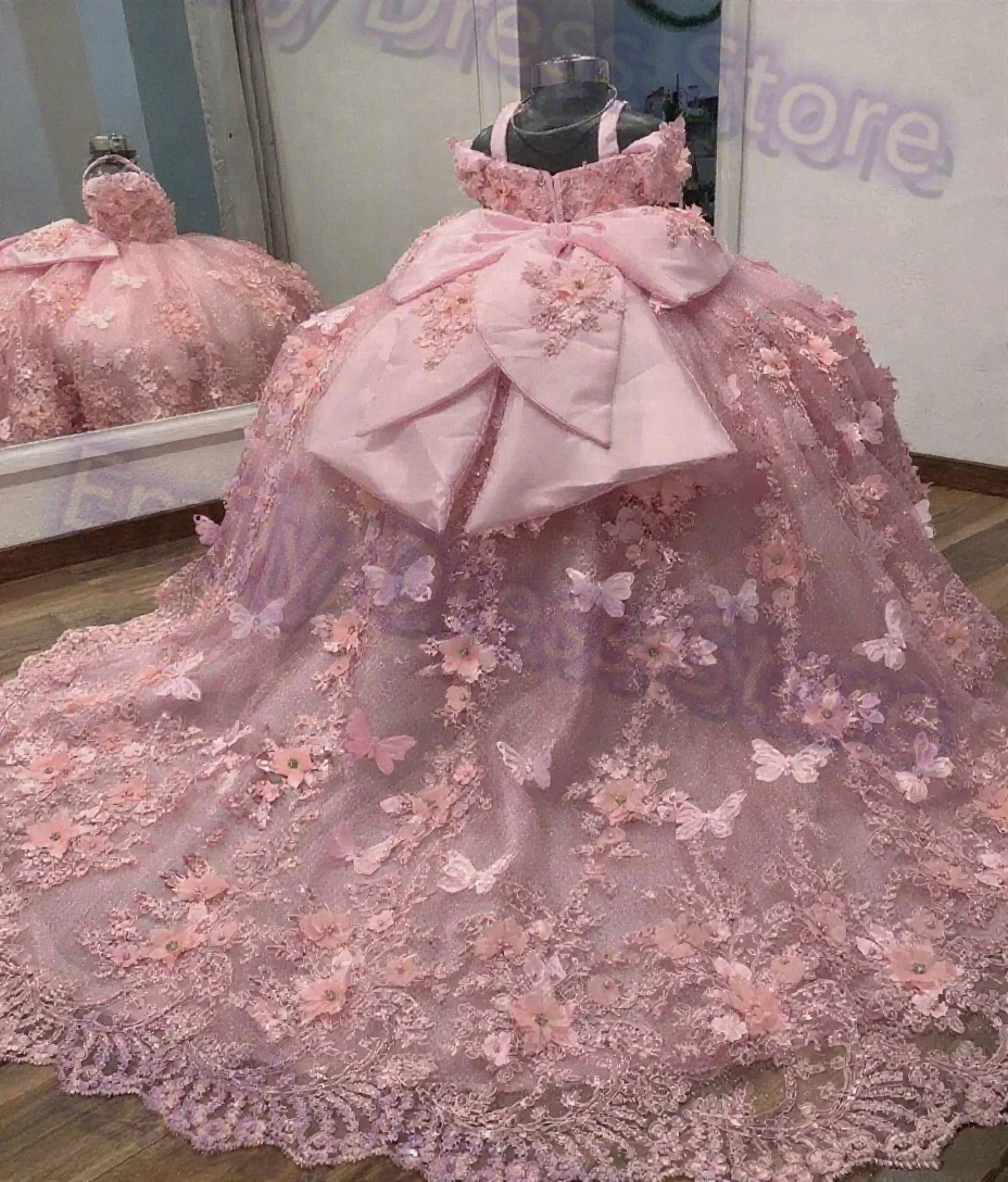 Customized Flower Girl Dress For Wedding Pink Luxury Lace Elegant Applique Pearls Kids Birthday Party Infant Ball Gown